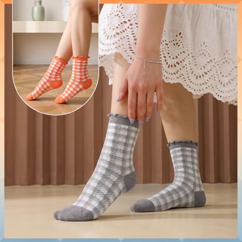 Image of 6 Pairs Women Ruffle Striped Frilly Socks, Cute Checkered Ankle Sock for Women Cotton Knit Casual Crew Socks