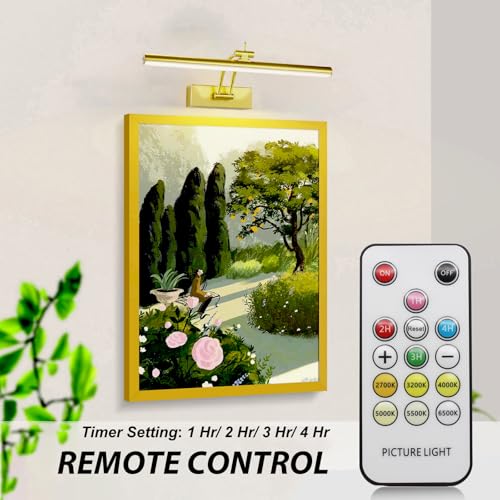 Image of Yuichoy 4 Pack Picture Light Battery Operated for Wall, 16 inch Wireless Art Lighting for Painting, 6 Colors Picture Frame Lights with Remote, Dimmable 5200mAh Gallery Light, Gold