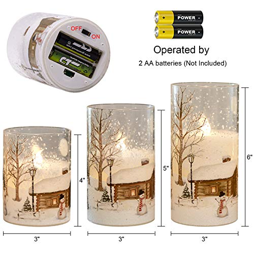 Image of Wondise Snowman Glass Flameless Candles with Remote and Timer, Battery Operated Real Wax LED Flickering LED Candles White Cold Light Window Christmas Holiday Decor D3 x 4 inch,5 inch,6 inch