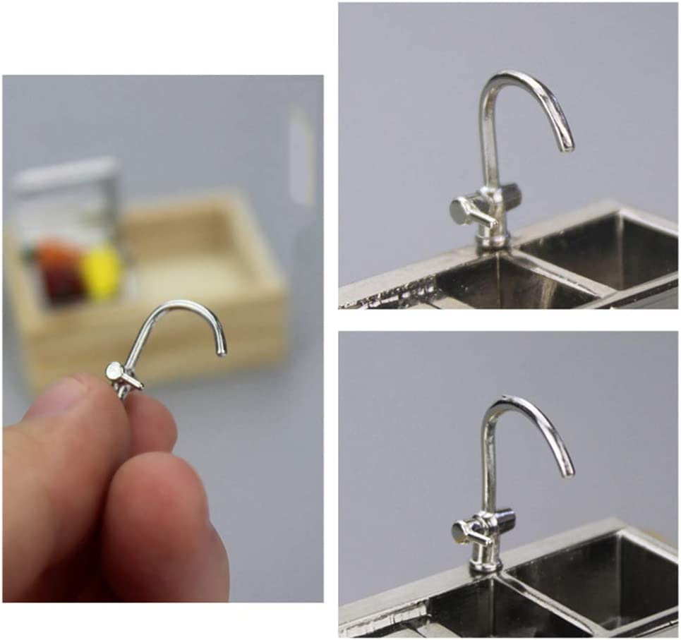 Htppzjr 1PC Doll House Faucet, 1/12 Scale Realistic Alloy Faucet Sink Model, Silver, Contemporary Style, Miniature Doll House Kitchen Accessory D
