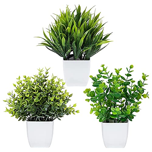 Glakyur - Lote de 3 plantas falsas en macetas, planta de eucalipto artificial, mini plantas artificiales en maceta de interrior, pequeños arbustos de hierba de trigo de plástico
