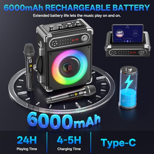 JYX Karaoke Machine with Two Wireless Microphones, Portable Bluetooth Speaker with Bass/Treble Adjustment, Remote Control and LED Lights, Supports TF Card/USB, AUX in, FM, REC for Party (Dark Blue) by JYX - Image 3