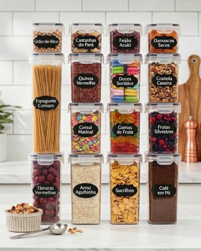 Kit com 15 Potes Herméticos para Mantimentos – Tampa Vedada, Porta Alimentos e Organizadores de Cozinha