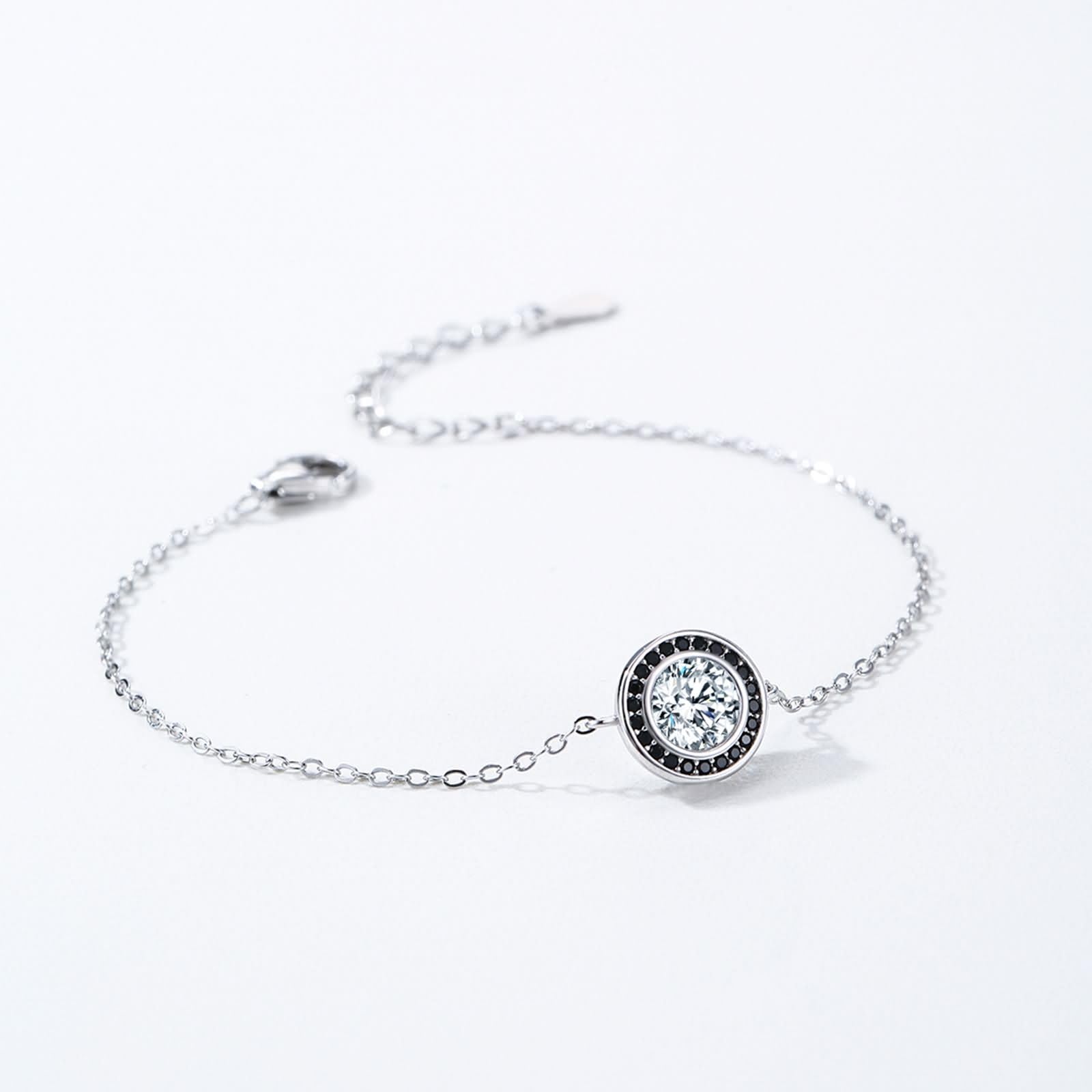 Bracciali Catena in Oro Bianco 9 K / 14 K / 18 K per Donna, Rotondo con Diamante Creato da 0,75 ct e Onice Nero, Regolabile 16 CM + 5 CM, Bracciali Catena Argento Nero Donna