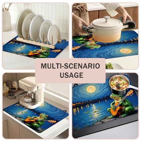 Image of Starry Sky Frog Guitar Stove Top Covers Pad 28 x 20 inches Dish Drying Mat Coffee Bar Mats Kitchen Decor Absorbent Pad Fit Coffee Maker Machine Dish Drying