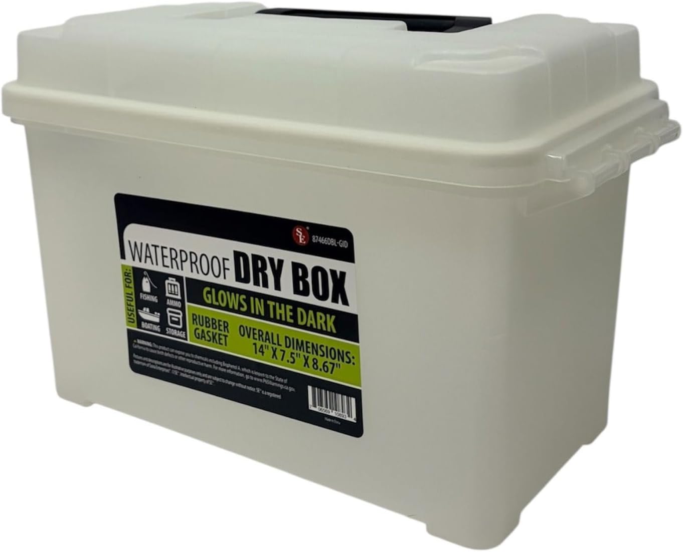 SE Glow in the Dark Waterproof Dry Box with Detachable Lid 14" x 7.5" x 8.67" Storage Case with Rubber Gasket Seal, Snap Closures & Handle for Camping, Boating, Fishing Gear - 87466DBL-GID