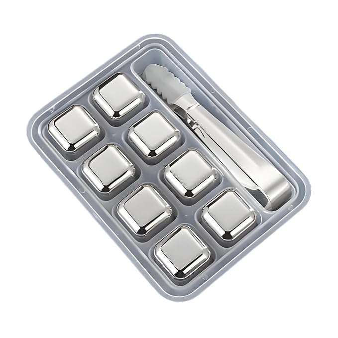 Image of 8-Pack Stainless Steel Whiskey Stones with Tongs & Container - Reusable Ice Cubes for Chilling Red Wine, Whiskey, Cocktails & More - Food-Grade Safe