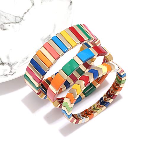 LENOOCLE Rainbow Enamel Tile Bracelet Colorful Enameled Beaded Stretch Bracelet Stackable Color-Block Strand Bracelet Set for Women Men4