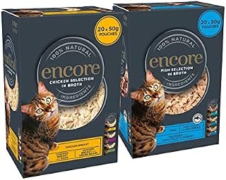 Encore 100% Natural Wet Cat Food, Fish Selection 50g Pouch (20Pack of 20) & Multipack Chicken Selection in Broth Pouch 50g Pouch (Pack of 20) - 40 Total
