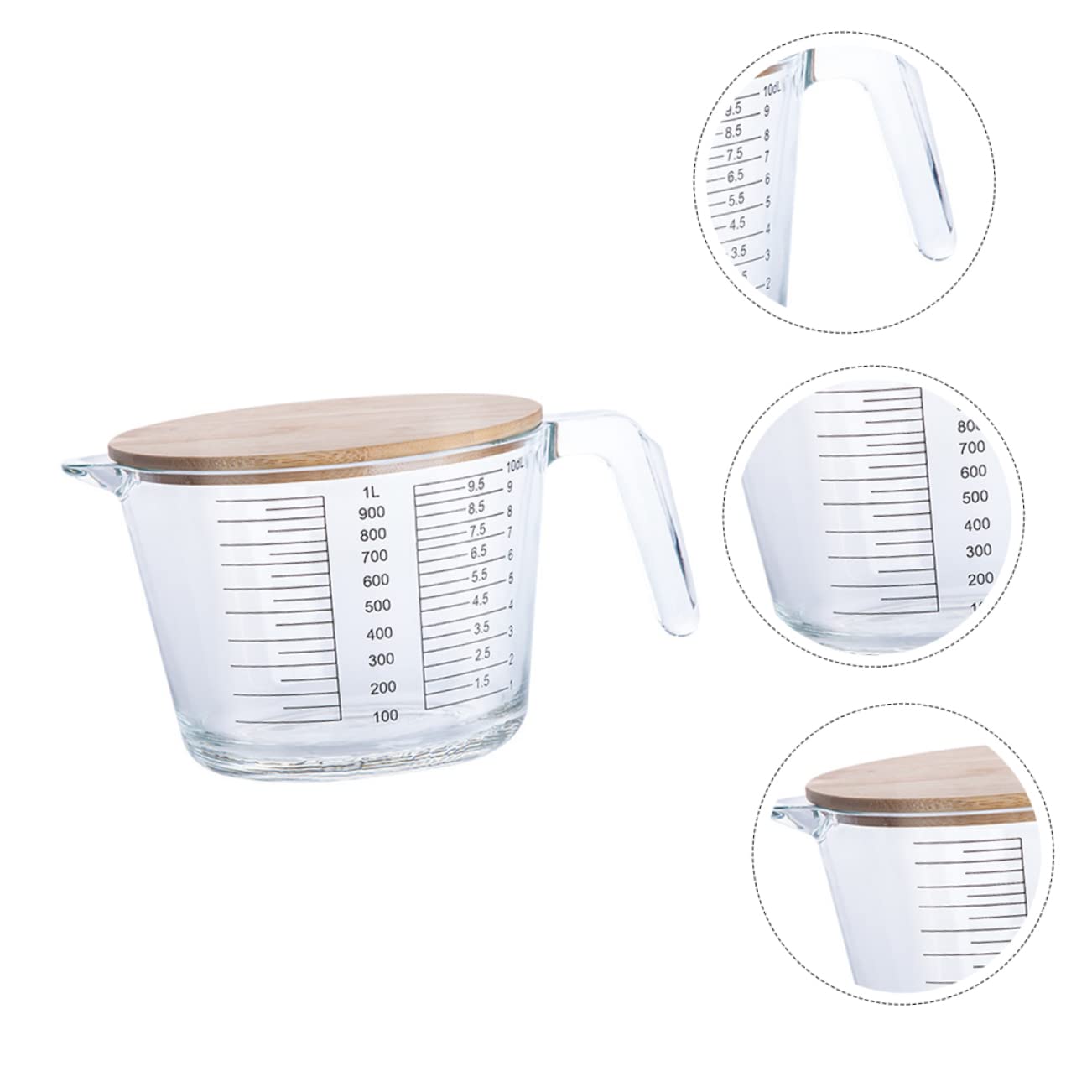 SOLUSTRE 1pezzi Misurino Graduato in Vetro Resistente Al Calore Utensile Da Cucina Per Misurare Ingredienti Con Design Trasparente e Coperchio in Legno Per Protezione