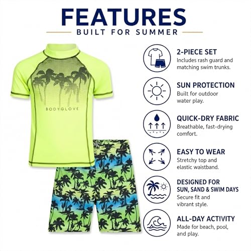 Image of Body Glove Boys Swim Set - 2 Piece Boys Swim Trunks with Rash Guard UV Protection Swimsuit Kids Bathing Suits (Sizes 4-12)