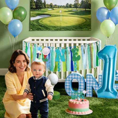 Image of Golf Hole in One Highchair Banner for First Birthday Party Decorations | Blue Green Golf High Chair Fabric Banner for Boys 1st Birthday Backdrop Decorations Photo Props Baby Shower Party Supplies