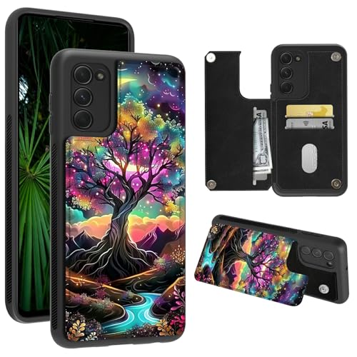 RWUTYTIUL Wallet Case for Samsung Galaxy A03S 6.5" with Credit Card Holder, Shockproof Protective Soft Silicone Kickstand Double Magnetic Clasp Cases for Samsung A03S 2021, Creek Trees