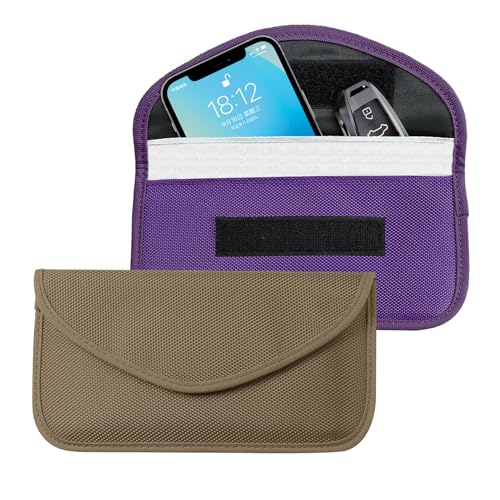 Lyxheth 2PCS Faraday Bags for Car Key and Cell Phone, Signal Blocking Bag, Faraday Key Fob Protector, Universal Cell Phone Privacy Card Protection Car Accessories for Anti-Thefting (Khaki+Purple)