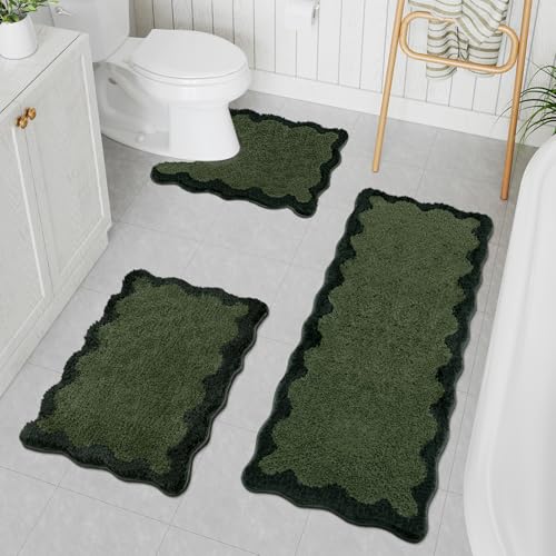 Uphome Scalloped Bathroom Rugs Sets 3 Piece Green Non-Slip Cute Absorbent Long Bath Mat with U-Shaped Contour Toilet Rug Fun Machine Washable Shaggy Bathroom Mats for Bathroom Tub Shower