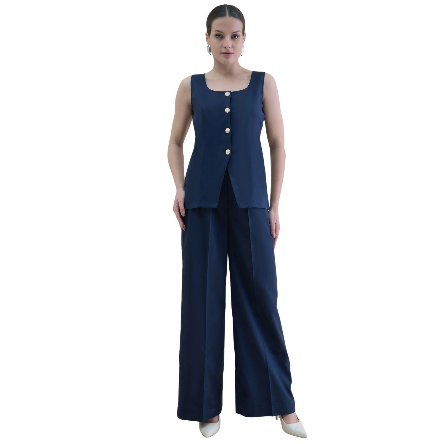 powersutra Women'sNavy Blue U-Neck Tailored Waistcoat with Straight Fit Co-ords-picture-30
