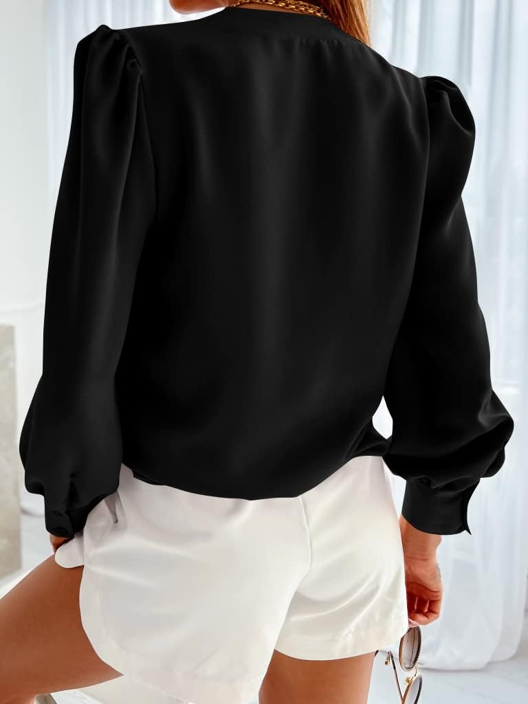 women's business casual tops summer long sleeve button down shirts v neck chiffon blouses medium a-black