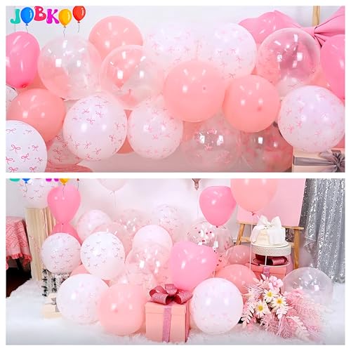 Image of Coquette Pink Bow Balloons Birthday Decorations, 20 In Bobo Light Pale Baby Dusty Pastel Pink and White Balloons Heart Shape Balloon, First Birthday Bow Party Decor for Princess Girl Just Wanna Be One
