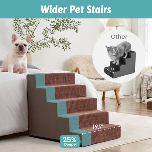 Image of COZY KISS Dog Stairs for Small Dogs 5-Step, 19.7 inch Extra Wide Right-Angle Pet Stairs for Couch and Beds, Anti-Slip Dog Steps for Old Cats and Lowrider, 19.7x29.5x23.6 inch, Brown