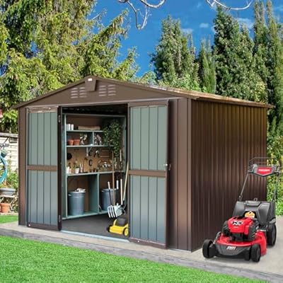 Domi Outdoor Storage Shed 10'x8', Metal Sheds Outdoor Storage with Lockable Doors & Air Vents for Patio Garden Lawn Backyard,Brown