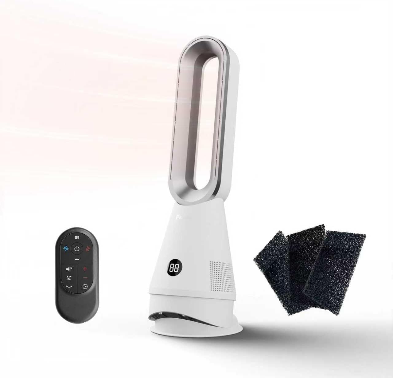 Bladeless Heater Fan, 25inch Heating & Cooling & Filter Combo Tower Fan 80° Oscillating with Remote, 9H Timer, 8 Speeds, Portable Quiet for Indoor, Bedroom, Home Office Room