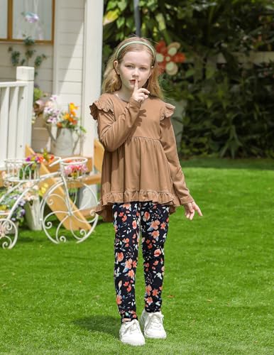 Image of Yekaty Girls Clothes Ruffle Shoulder High Low Hem Long Sleeve Top and Floral Pants 2 Piece Fall Outfits Clothing Set