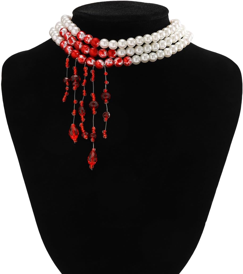 Gothic Blood Pearl Choker Necklace for Women Vintage Bleeding Rose Flower Necklace Adjustable Dripping Bloody Layered Pearls Necklaces Goth Vampire Blood Drip Necklaces Halloween Birthday Party Jewelry - Image 7