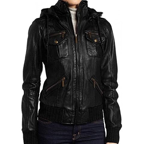 The Leather Factory Women's Lambskin Detachable Hooded Leather Bomber Jacket 2XL Black Cover