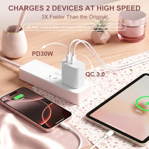 Image of Aolcev for iPhone Charger Fast Charging 2 in 1 USB A USB C Charger Block 30W Cute Type C Fast Charging Blocks for iPhone 17 16 15 14 13 for iPad USB C Charging Adapter for Galaxy S26 S25 S24 White