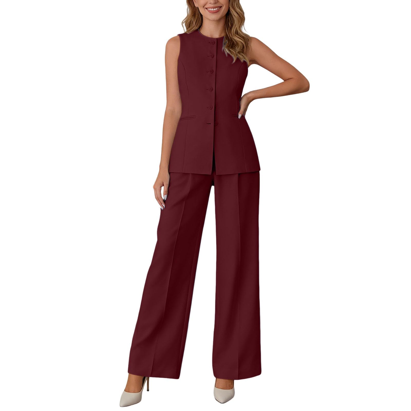 Traje de pantalón de 2 piezas para mujer, elegante cuello redondo, chaleco sin mangas y pantalones, traje de negocios, traje de 2 piezas, conjunto de dos piezas, traje informal de verano, ropa de