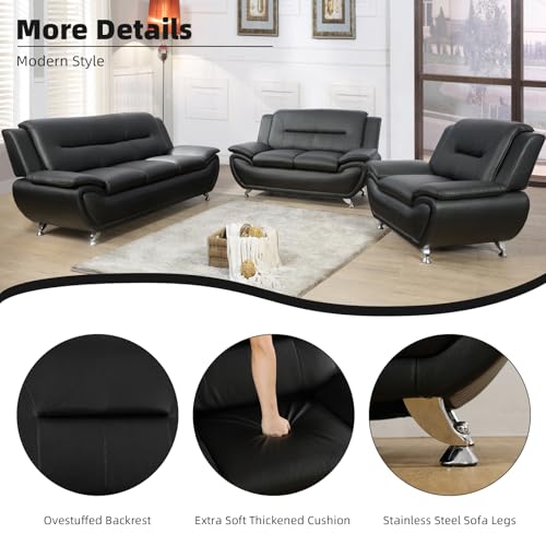 Image of Modern Leather Sofa Set, Living Room Furniture, 3 - Piece Couch Set, Faux Leather Couch Loveseat Chair Set with Sturdy Legs for Living Room /Bedroom /Office,Black