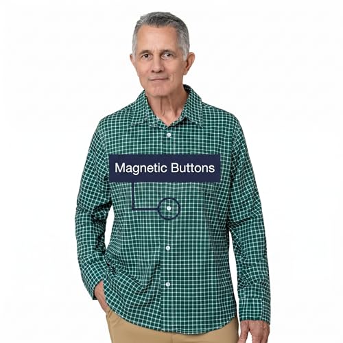Joe & Bella Magnetic Button Shirt, Adaptive Clothing for Men - Magnetic Closure Dress Shirts - Long-Sleeve, Relaxed Fit, Hidden Magnets, Easy One-Hand Dressing, Stretch Cuffs, Green
