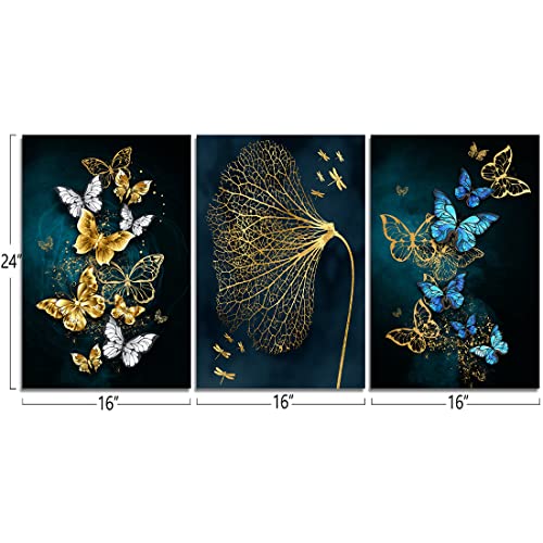 3 Panels Colorful Butterfly Canvas Wall Art Decor, Gold Dragonfly And Lotus Leaf Poster Pictures Artwork Modern Flower Pattern Print Paintings For Living Room Bedroom Bathroom Decorations 16"X 24" #TOP1