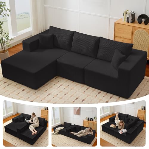 Image of Modular Sectional Sofa for Living Room, 108 inch Cloud Couch Sectional with L-Shape Chaise, Modern Upholstered Corduroy Boneless Couch with Memory Foam Deep Seat, No Assembly Required (Black)