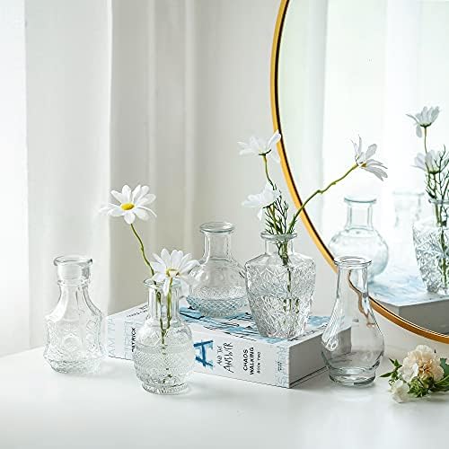 Hewory Small Glass Vase for Flowers Glass Set of 5, Mini Relief Vases Decor Bud Vase for Table Wedding Centrepiece Decoration, Home and Living Room Decorative
