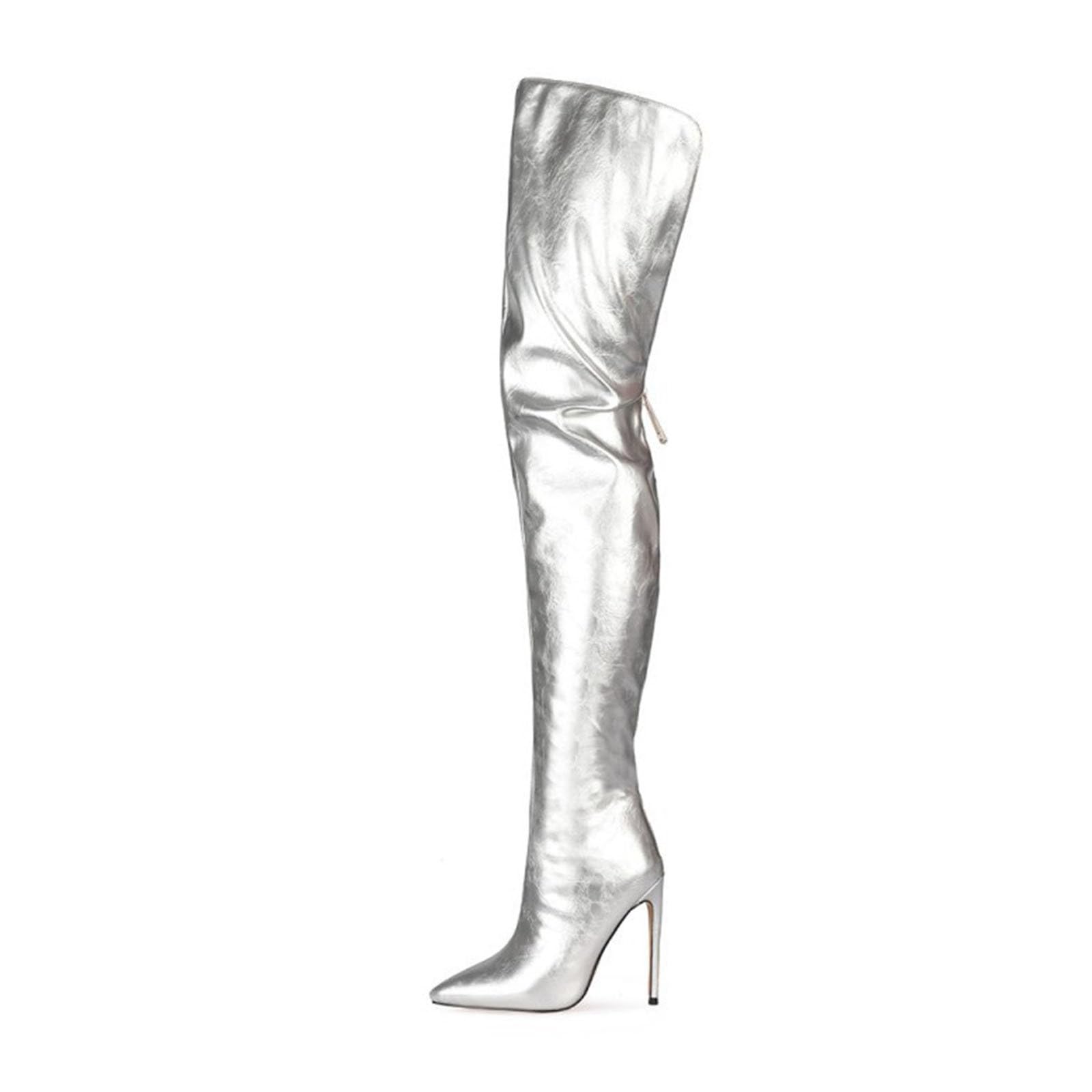 Thigh high boots for women striped Back zipper Burgundy Zebra Print Over the knee Sexy gold white pointed