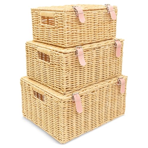 Wicker Storage Baskets with Lids – Set of 3 (Large, Medium, Small) for Organizing Clothes, Toys, Books – Stackable Basket with Lid for Bedroom, Nursery, and Home Decor