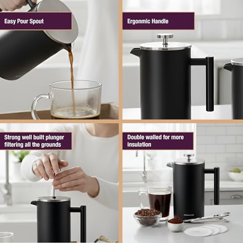 Image of andrew james Double Walled Stainless Steel Cafetiere Gift Set With 3 Mesh Filters, Coffee Measuring Spoon And Bag Sealing Clip, Delicious French Press Coffee, Easy to Clean (Matt Black, 350ml)