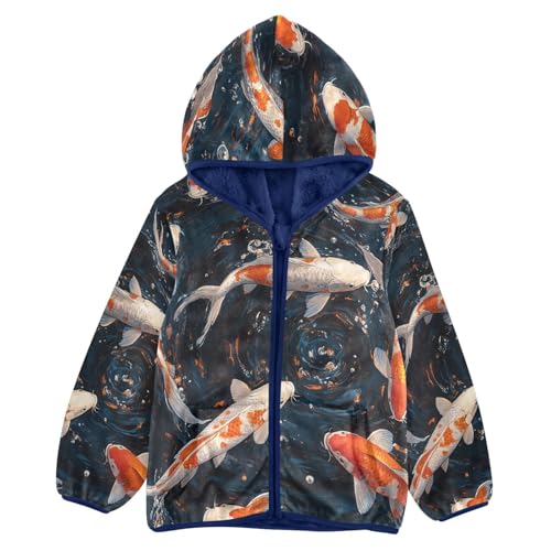 Koi Fish Water Pattern Toddler Fleece Jacket Girl Boys Hooded Fleece Jacket Coat Warm Outwear Zip-up 3-10T