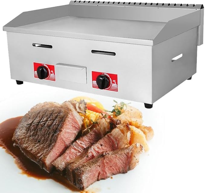 Stainless Steel Gas Griddle - Commercial Flat Hot Plate for Steaks, Eggs, Pancakes - Rapid Heat, Dual Control, Countertop BBQ Cooking