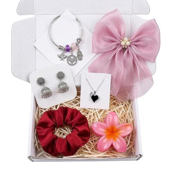 Girls Jewelry Gift Hamper Set – Charm Bracelet, Oxidised Jhumka Earrings, Heart Pendant Necklace, Satin Scrunchie & Flower Hair Clip | Cute Accessories Combo for Girls | Birthday Gift Box for Women & Teen-image-1