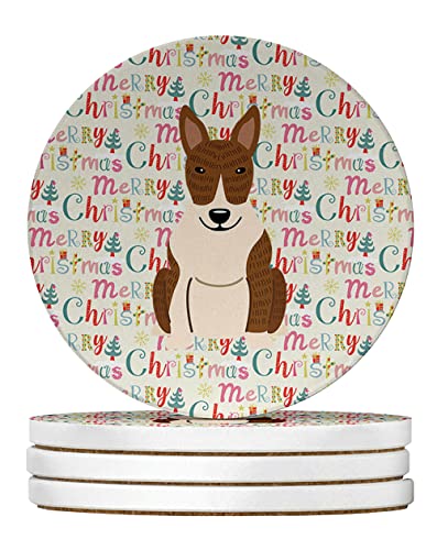 Caroline's Treasures Merry Christmas Bull Terrier Brindle Large Sandstone Coasters Pack of 4 Absorbent Round Coasters Decor Gifts for Men or Women, 4 in, Multicolor