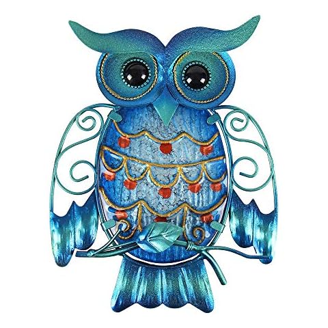 Liffy Metal Owl Wall Decor Outdoor Hanging Art Blue Glass Bird Sculpture for Patio, Porch or Door Cover
