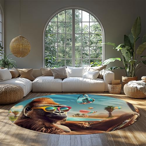 Tapis rond animal gorille de 140cm lavable et tapis à poils ras - 3