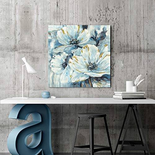 Artistic Path Abstract Floral Wall Art Picture: White & Blue Lily Painting With Blooming Petals Artwork On Canvas For Bedroom (24" W X 24" H,Multi-Sized) #TOP3