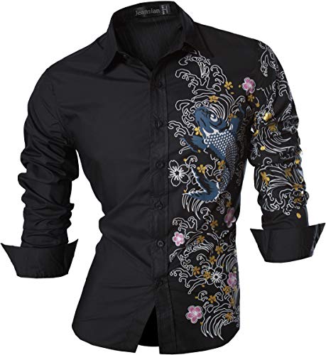 Jeansian Herren Slim Fit Langarm Casual Button Down Kleid Hemd 8397 - - X-Groß