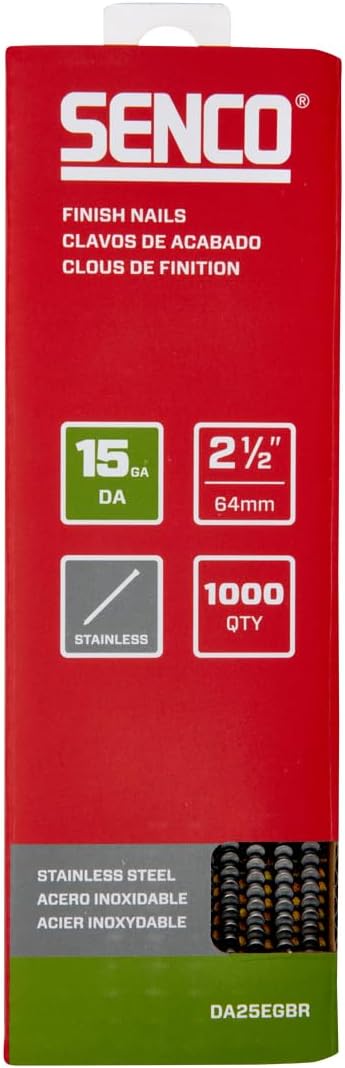 SENCO DA25EGBR 34 Degree Collated Finish Nails, 15 Gauge, 2-1/2 Inch Length, SAE 304 Stainless Steel, 1,000 Count Pack