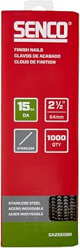 SENCO DA25EGBR 34 Degree Collated Finish Nails, 15 Gauge, 2-1/2 Inch Length, SAE 304 Stainless Steel, 1,000 Count Pack