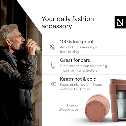 Image of LARS NYSOM Thermo Coffee Mug to go 13oz | Travel Mug 0.38 Liter with Insulation | Silicone grip base | Leak Proof Stainless Steel Tumbler for Coffee and Tea on the Go (Powder Brick Red, 13oz)