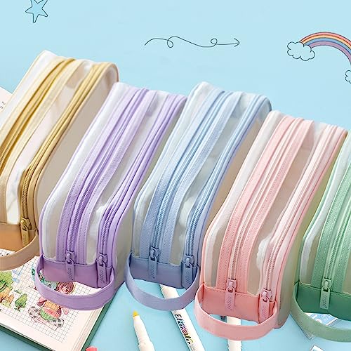 Image of Oyachic 2 Compartment Pencil Case Clear Mesh Pen Pouch Grid Makeup Cosmetics Bag Transparent Marker Organizer Office Business Travel Adults,blue